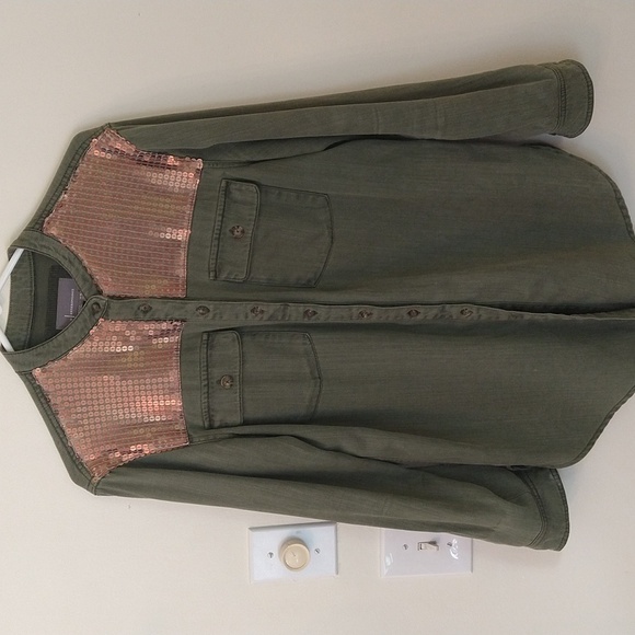 Anthropologie army green bronze metallic oversized shirt jacket size 8 - Picture 1 of 8